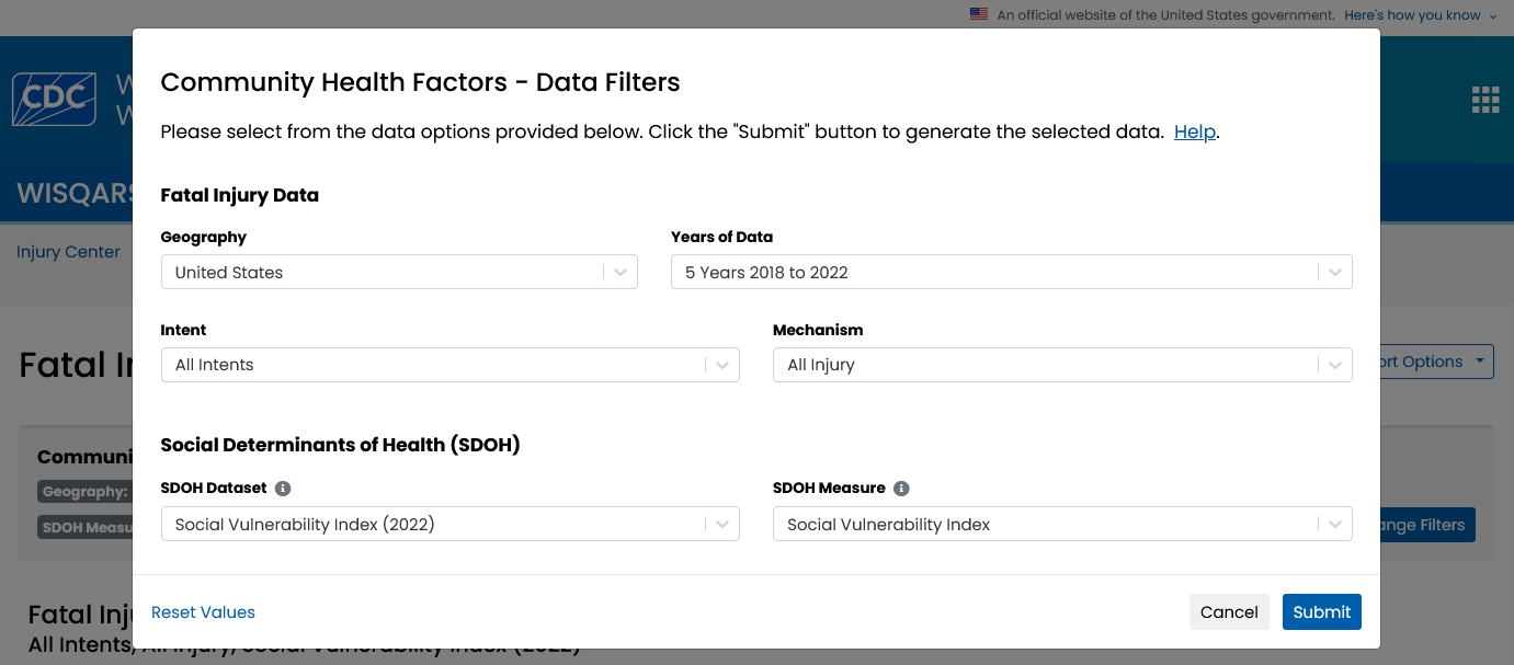 Data Filter screen for WISQARS' Health Module