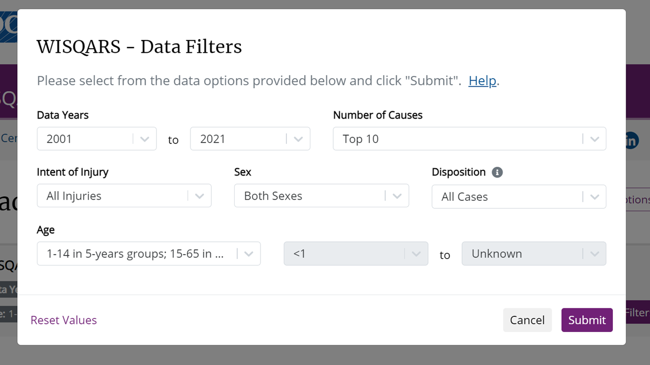 Data Filters Screen for WISQARS Leading Causes of Nonfatal Injury